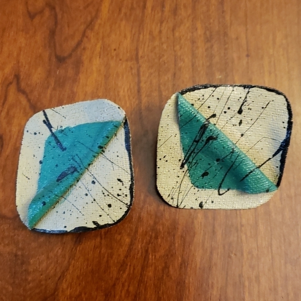 Earrings Fabric Hand Crafted Tan&Green&Black Large